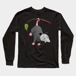 Cute funny opossum hanging from branch cartoon Long Sleeve T-Shirt